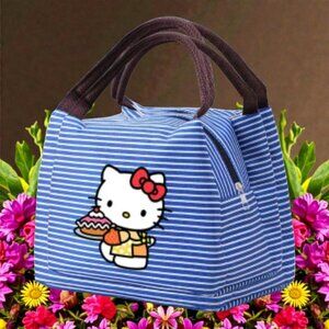 Blue Heat-Insulating Lunch Bag Aluminum Foil, Leakproof, Striped Canvas Tote